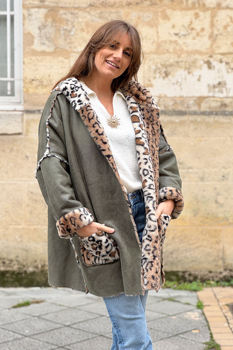 Olive Leopard Reversible Faux Fur Coat