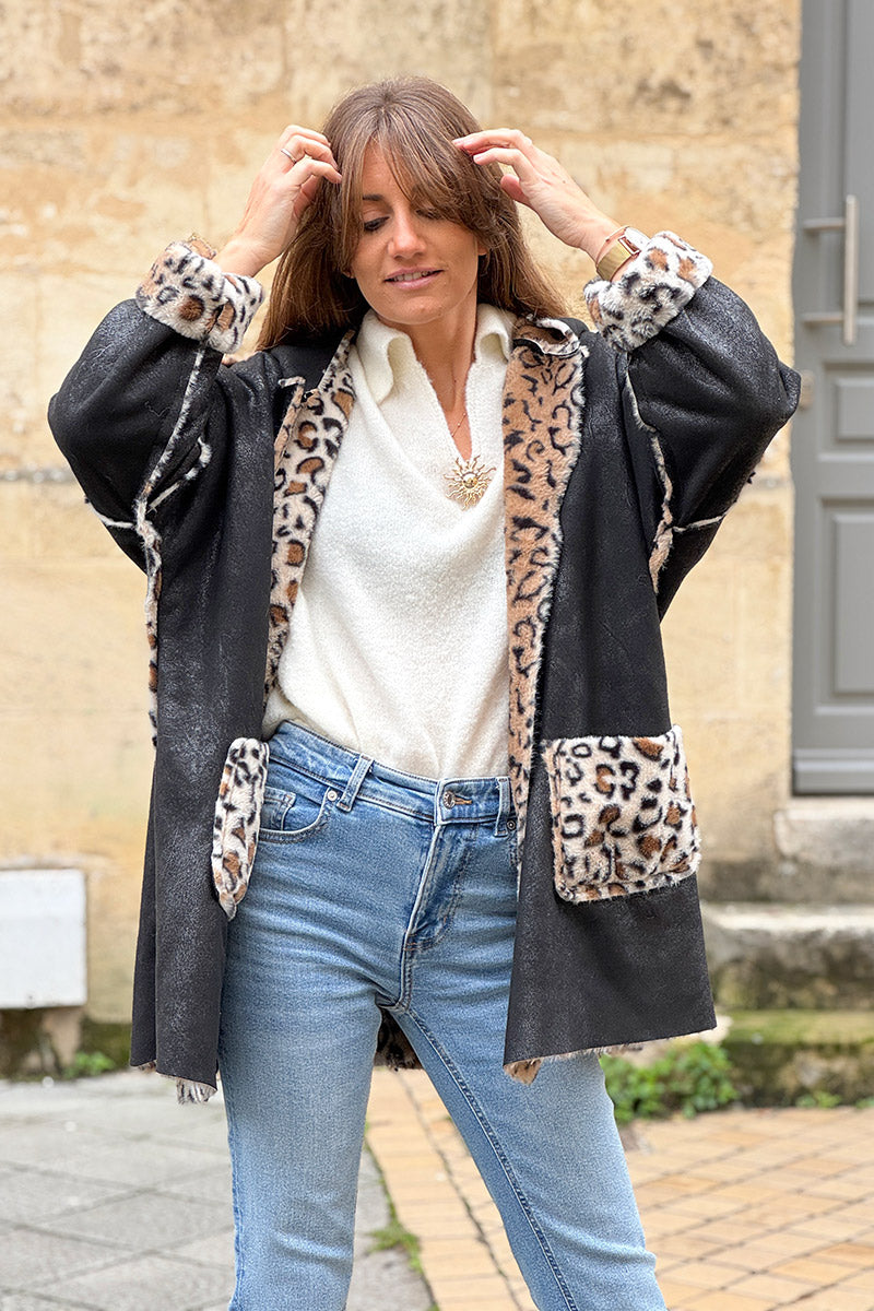 Black Leopard Reversible Faux Fur Coat