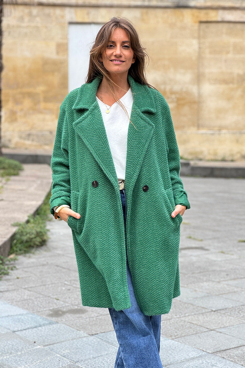 Manteau vert long et doux en maille chenille