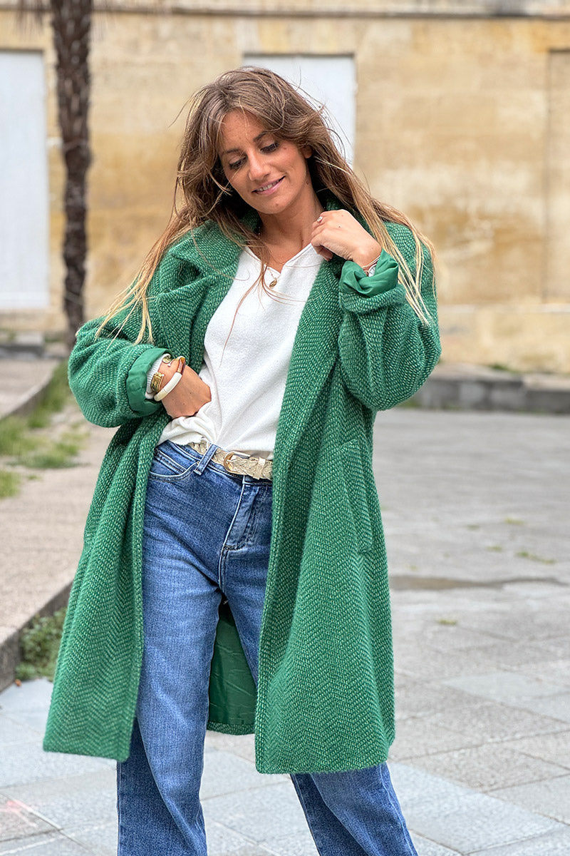 Manteau vert long et doux en maille chenille