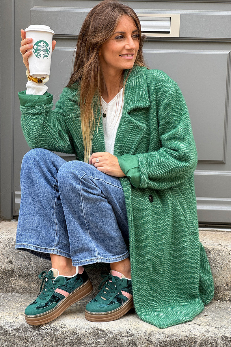 Manteau vert long et doux en maille chenille