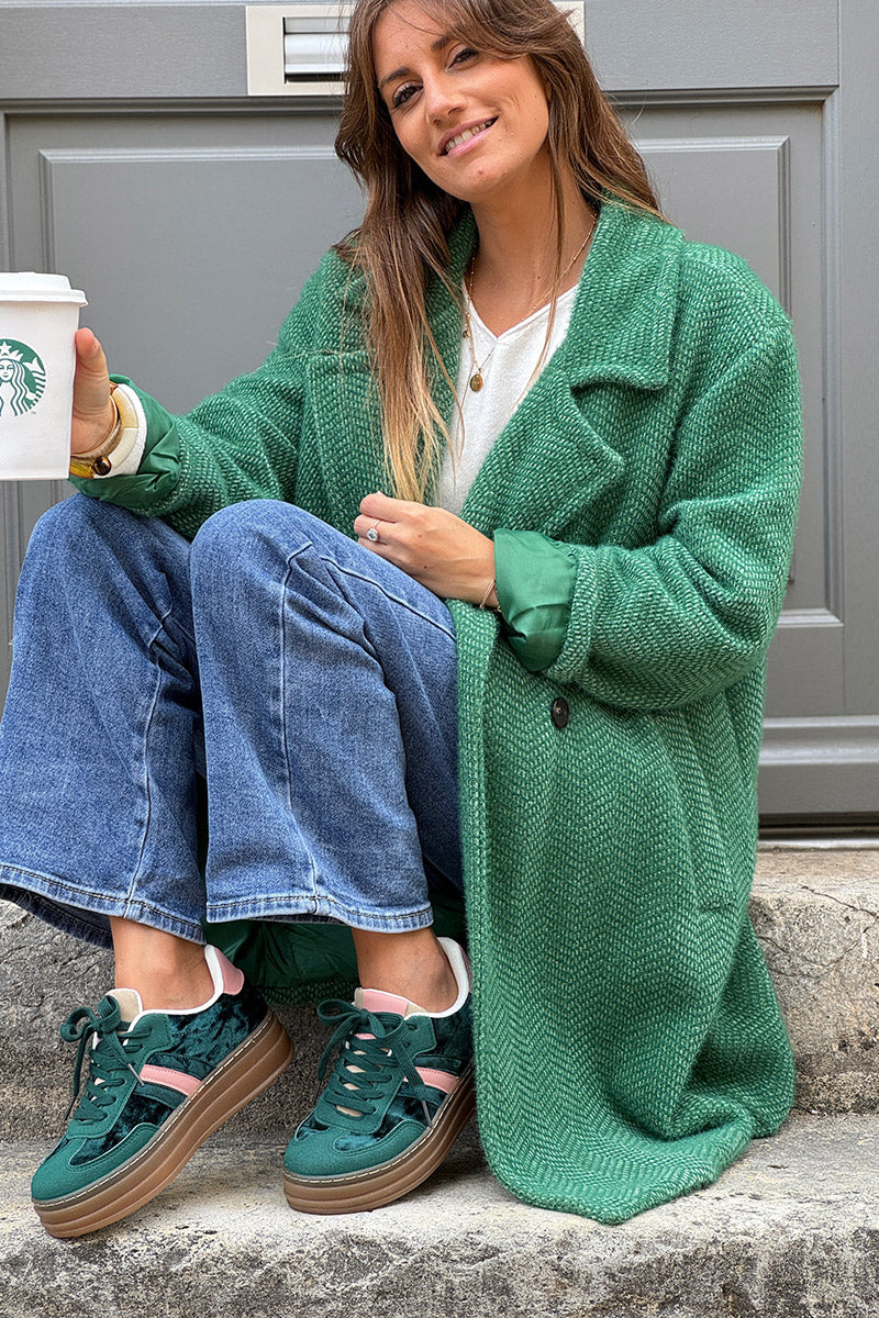 Manteau vert long et doux en maille chenille