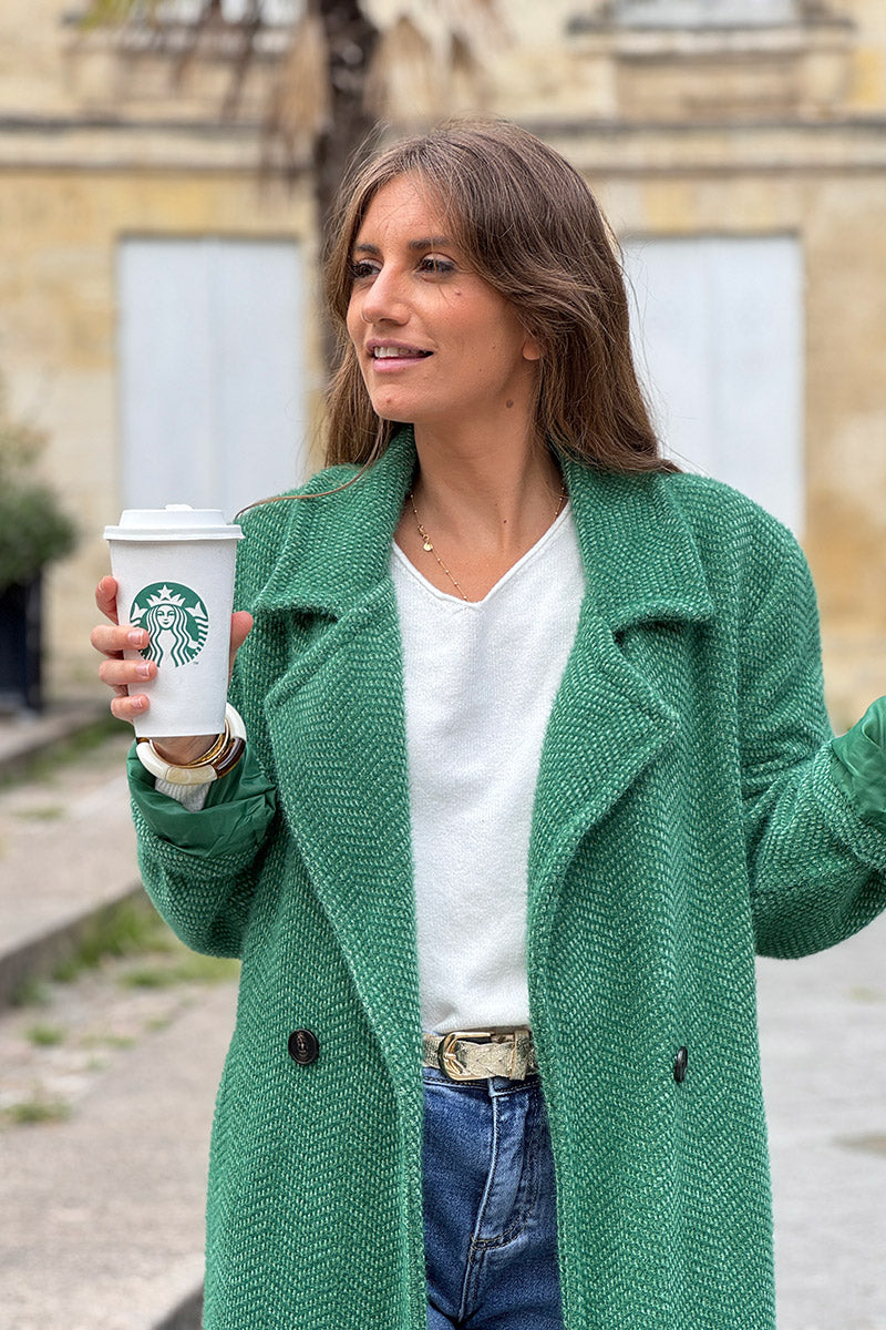 Hunter Green Herringbone Sweater Knit Peacoat