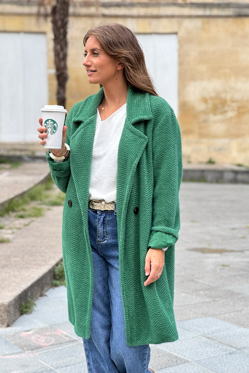 Hunter Green Herringbone Sweater Knit Peacoat