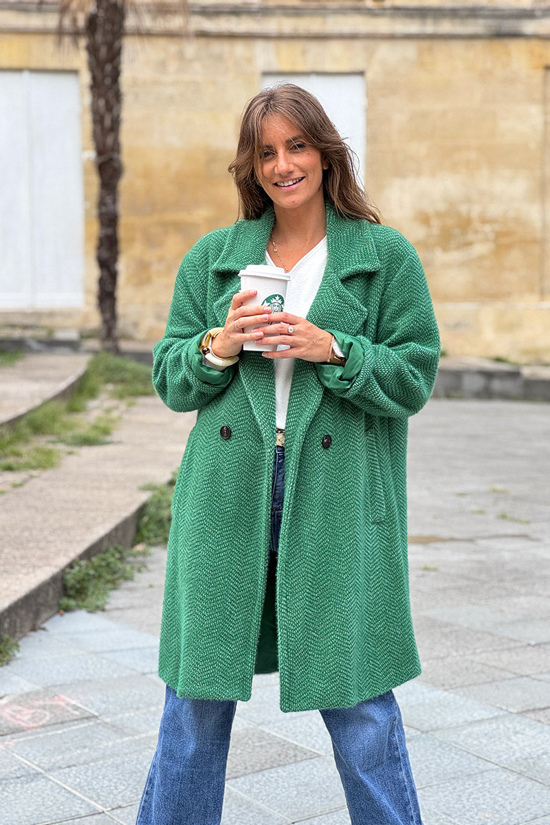 Hunter Green Herringbone Sweater Knit Peacoat