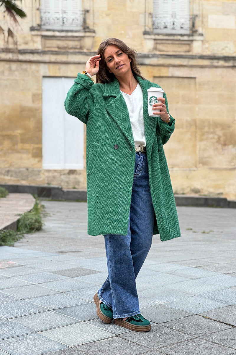 Hunter Green Herringbone Sweater Knit Peacoat