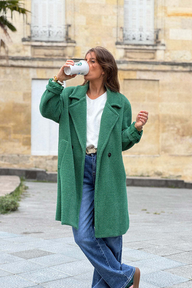 Manteau vert long et doux en maille chenille