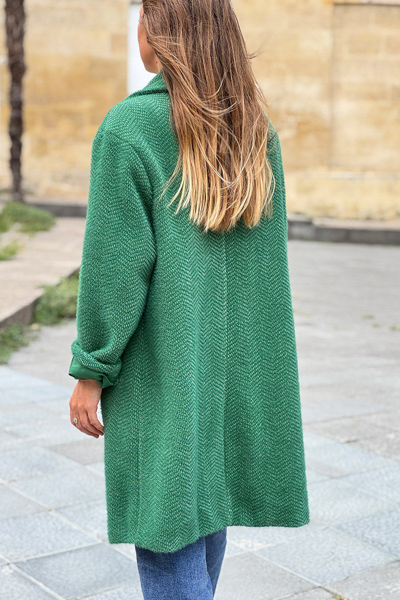 Manteau vert long et doux en maille chenille