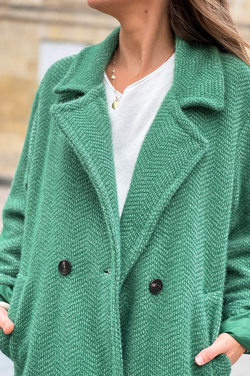 Hunter Green Herringbone Sweater Knit Peacoat