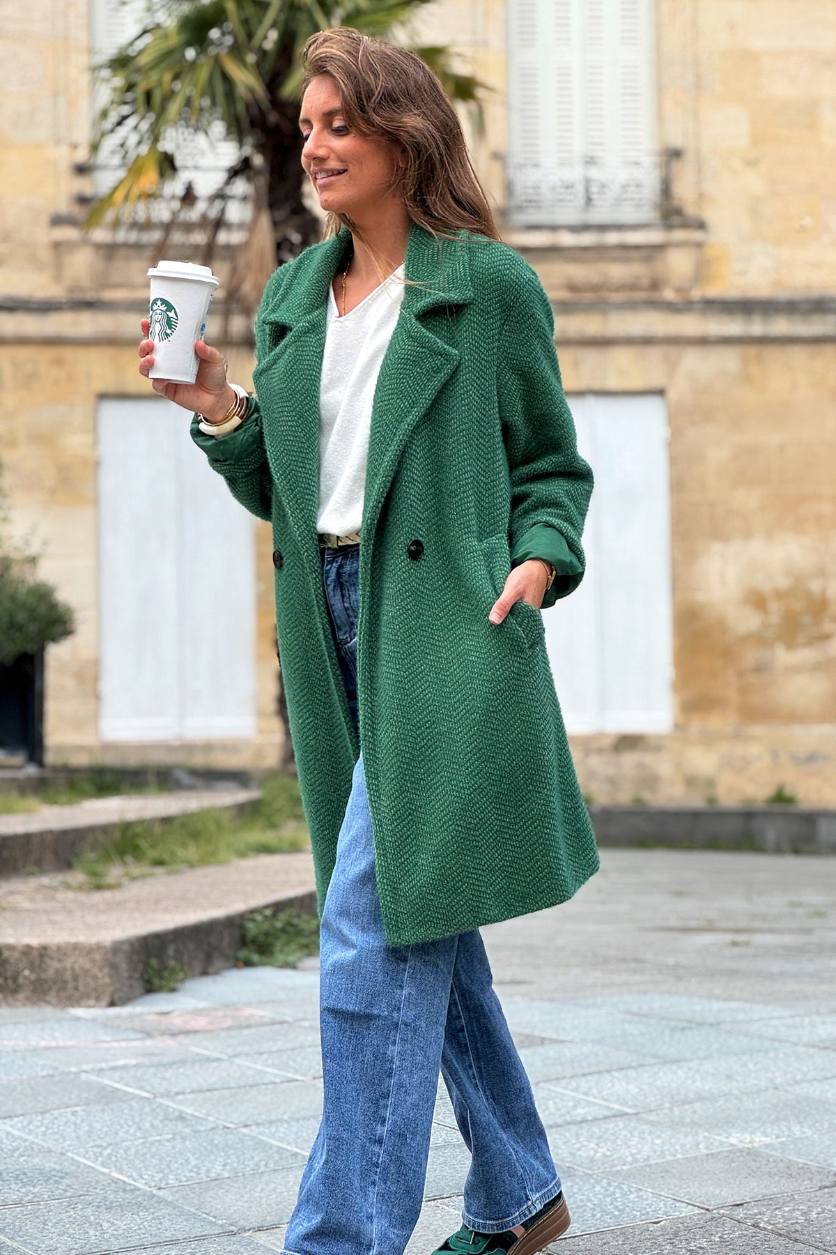 Manteau vert long et doux en maille chenille