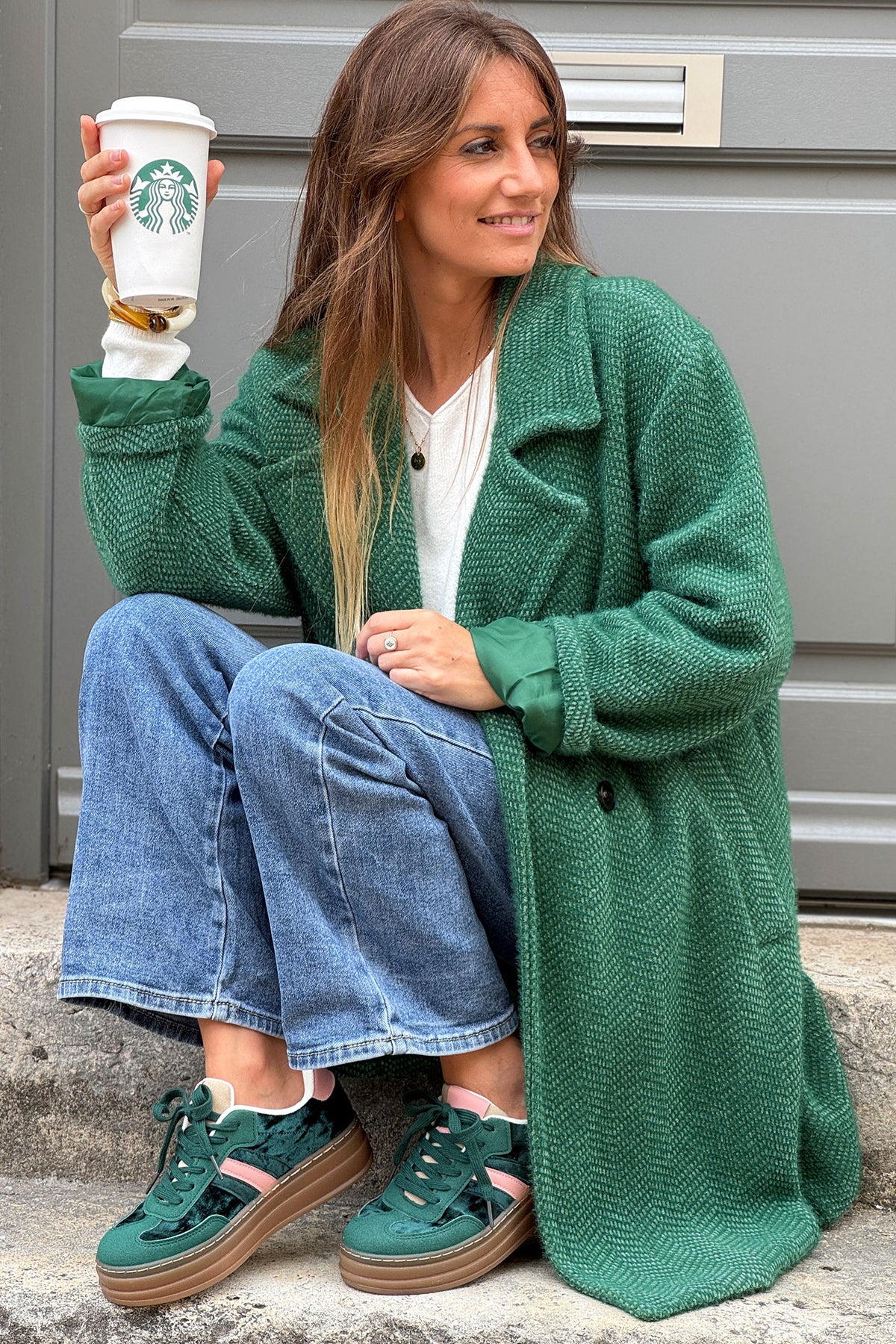 Manteau vert long et doux en maille chenille