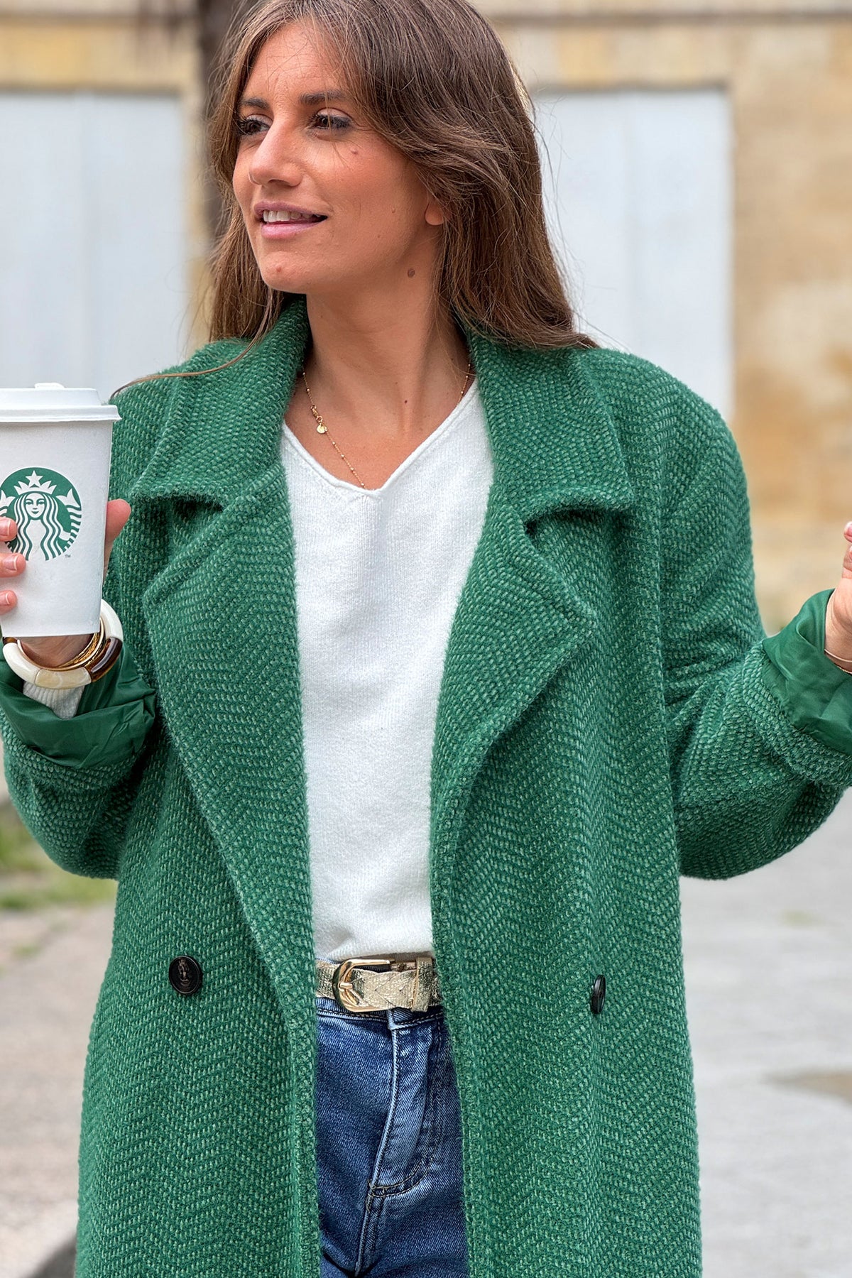 Manteau vert long et doux en maille chenille