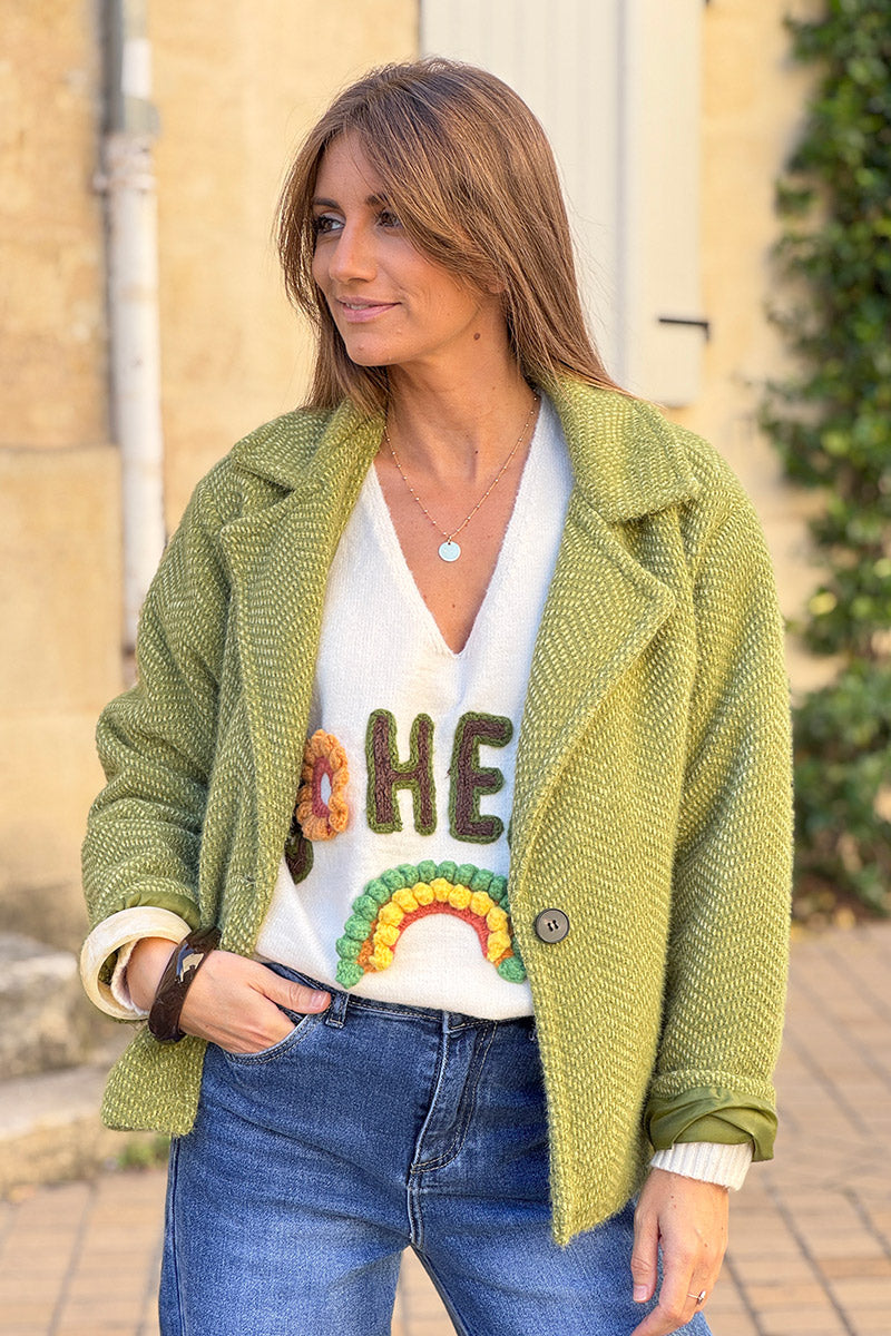 Manteau vert olive court doux en maille chenille