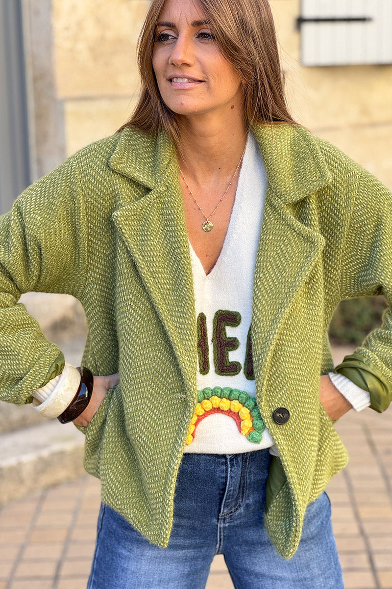 Manteau vert olive court doux en maille chenille