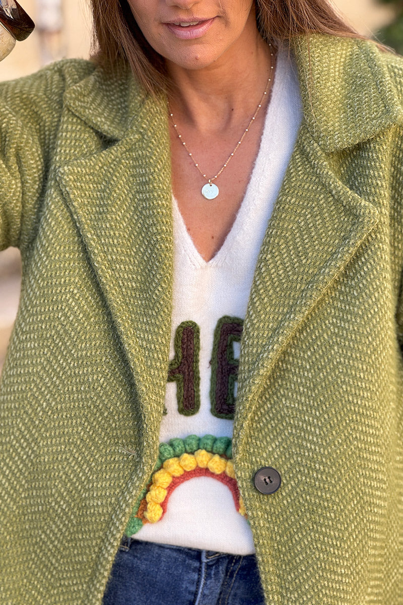 Manteau vert olive court doux en maille chenille
