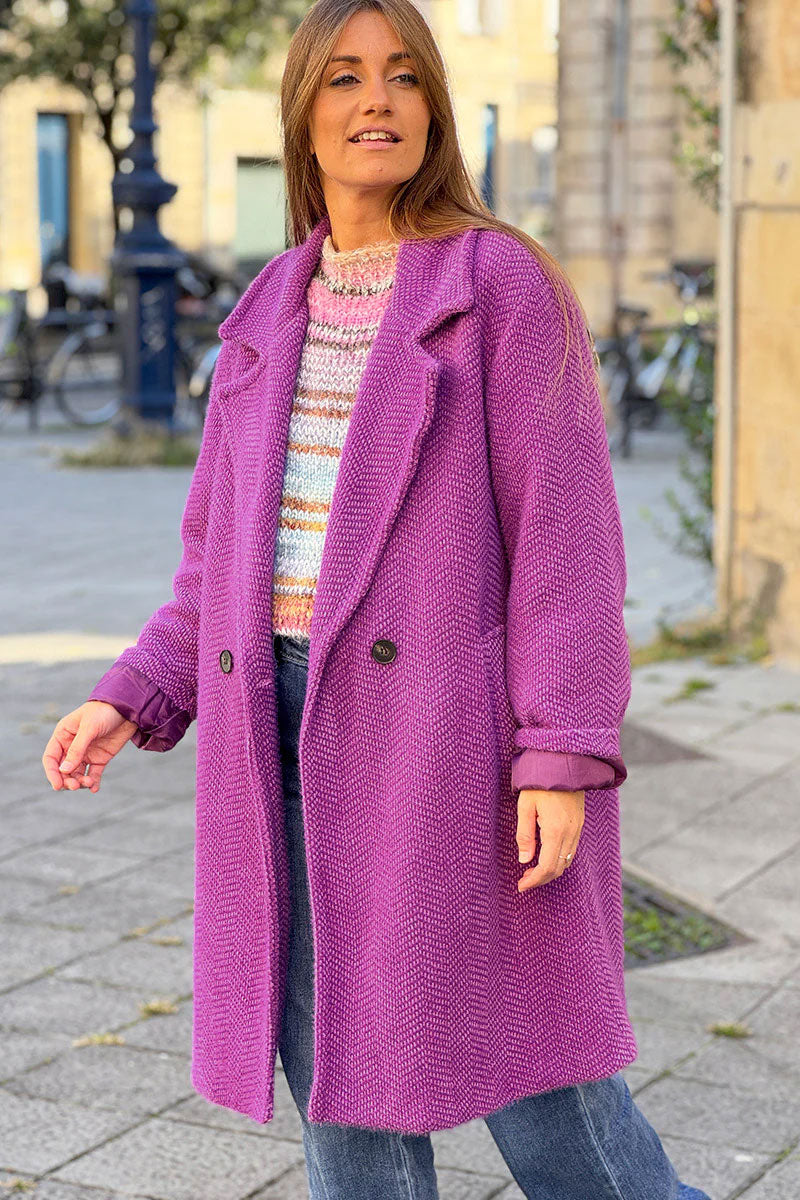 Manteau violet long et doux en maille chenille