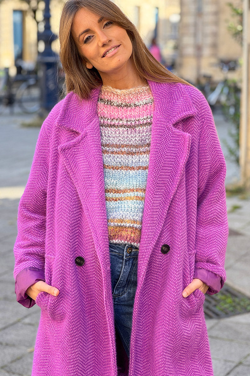 Manteau violet long et doux en maille chenille