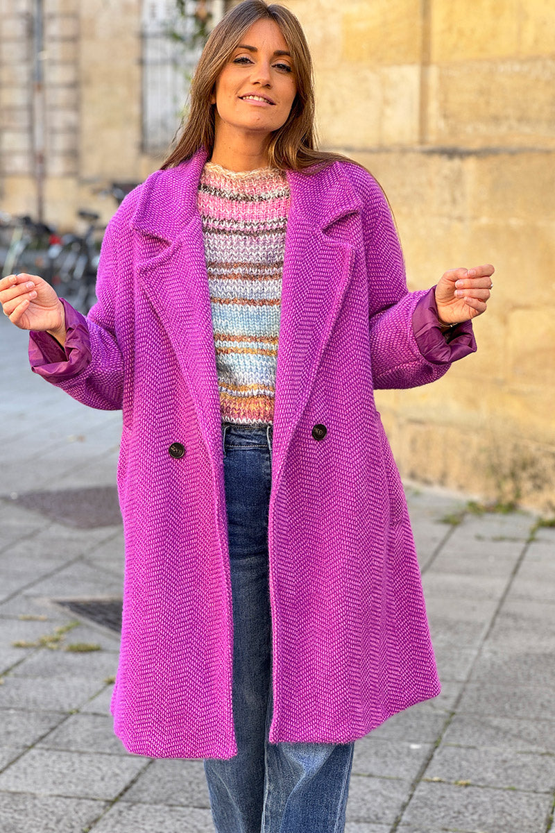 Manteau violet long et doux en maille chenille