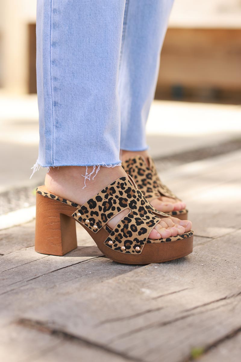 Leopard Print Peep-Toe Platform Clogs