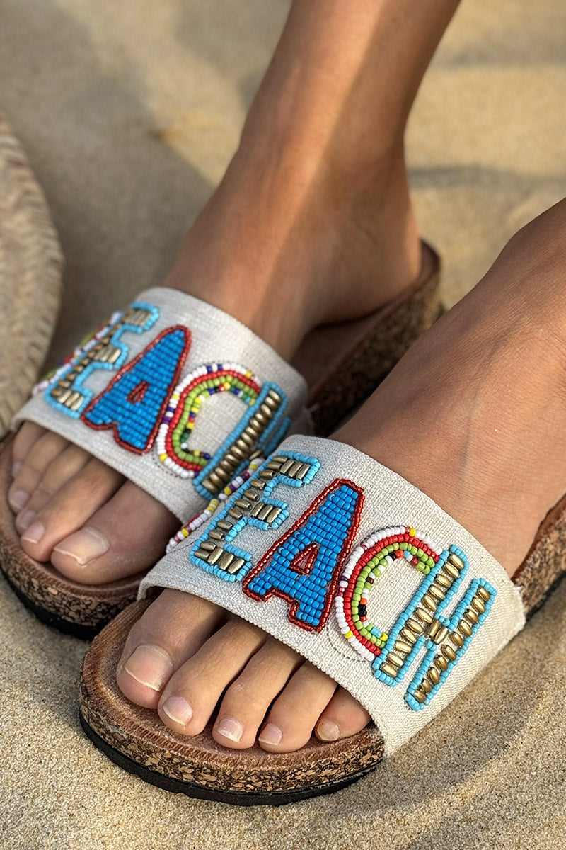 Mules confort forme du pied bride tissu broderie perles colorées Beach