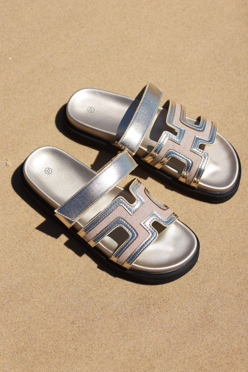 Gold H-Band Metallic Strap Sandals