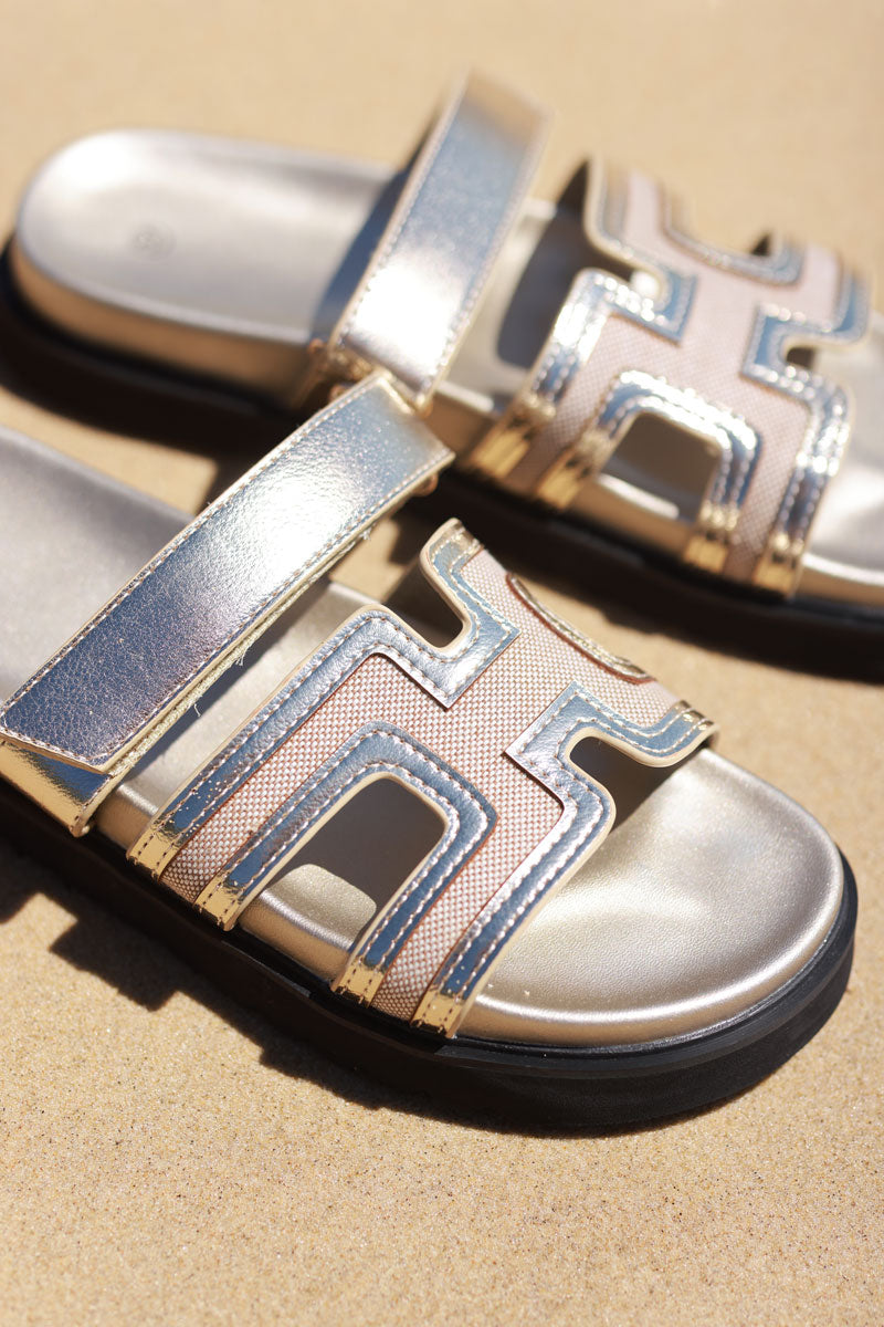 Gold H-Band Metallic Strap Sandals