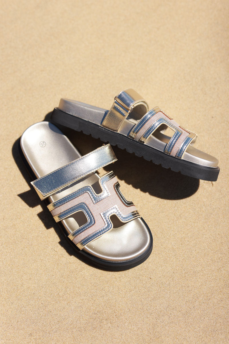 Gold H-Band Metallic Strap Sandals