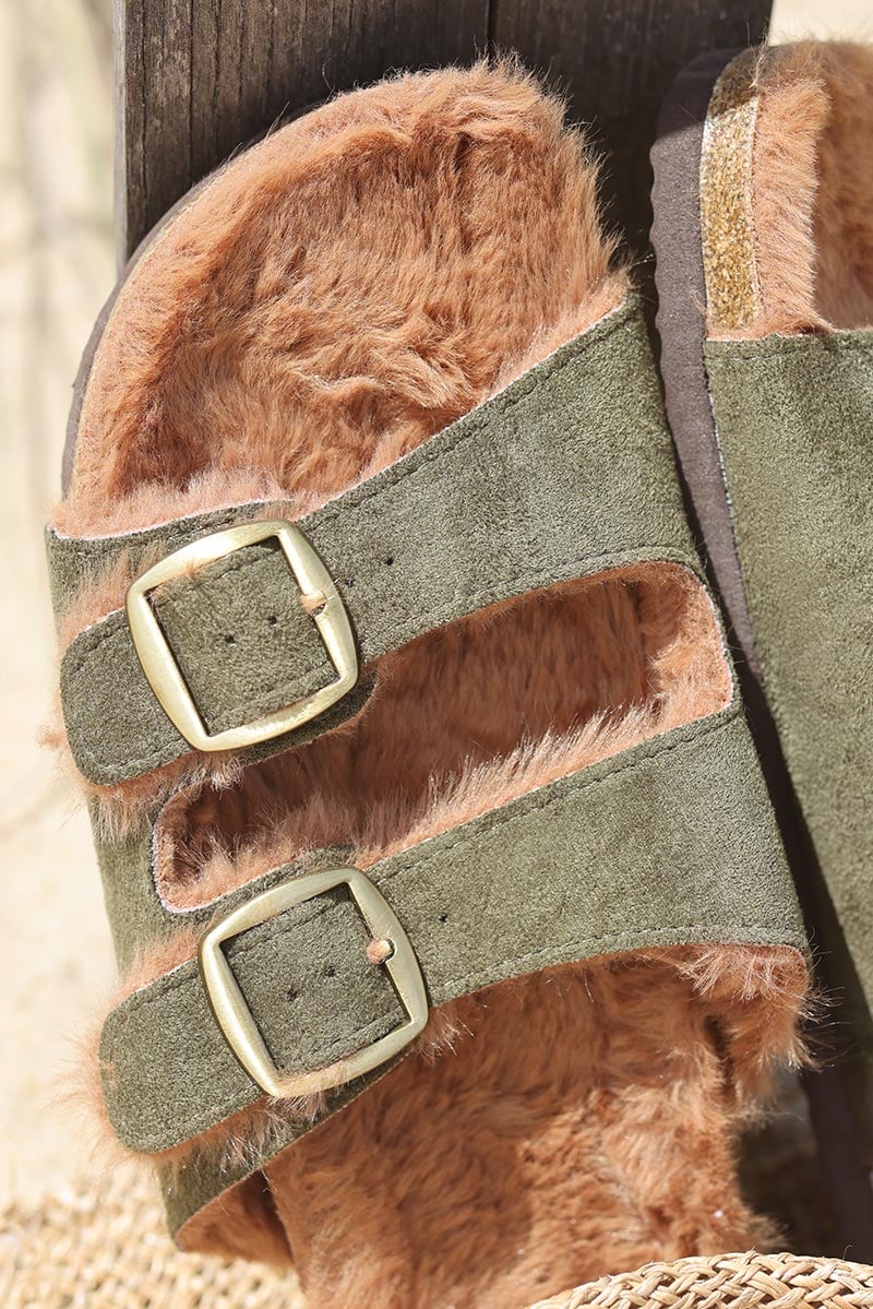 Mules fausse fourrure moumoutte sandales deux brides réglables kaki H039