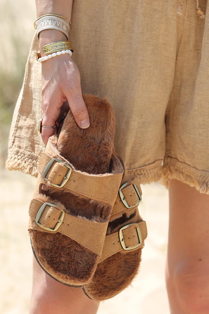 Sandales camel deux brides intérieur fourré