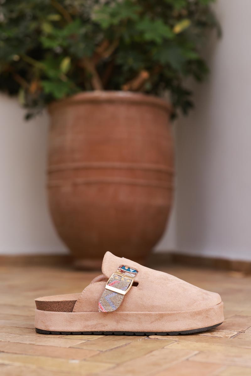Brown Sueded Mules with Tribal Woven Strap