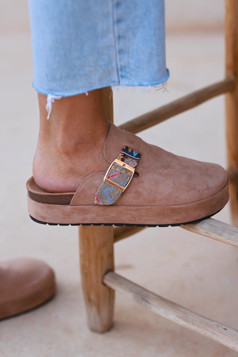 Brown Sueded Mules with Tribal Woven Strap