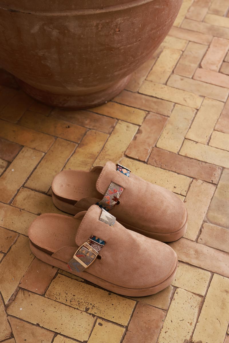 Brown Sueded Mules with Tribal Woven Strap