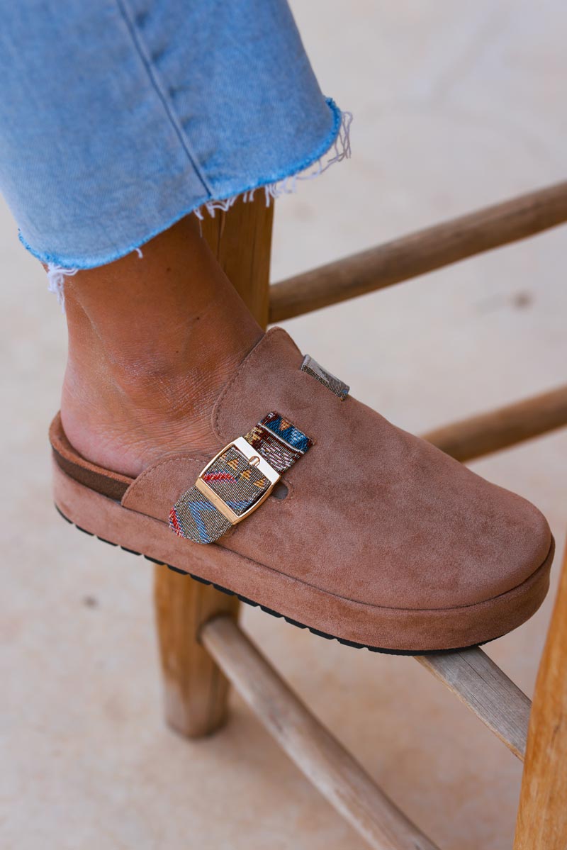 Brown Sueded Mules with Tribal Woven Strap