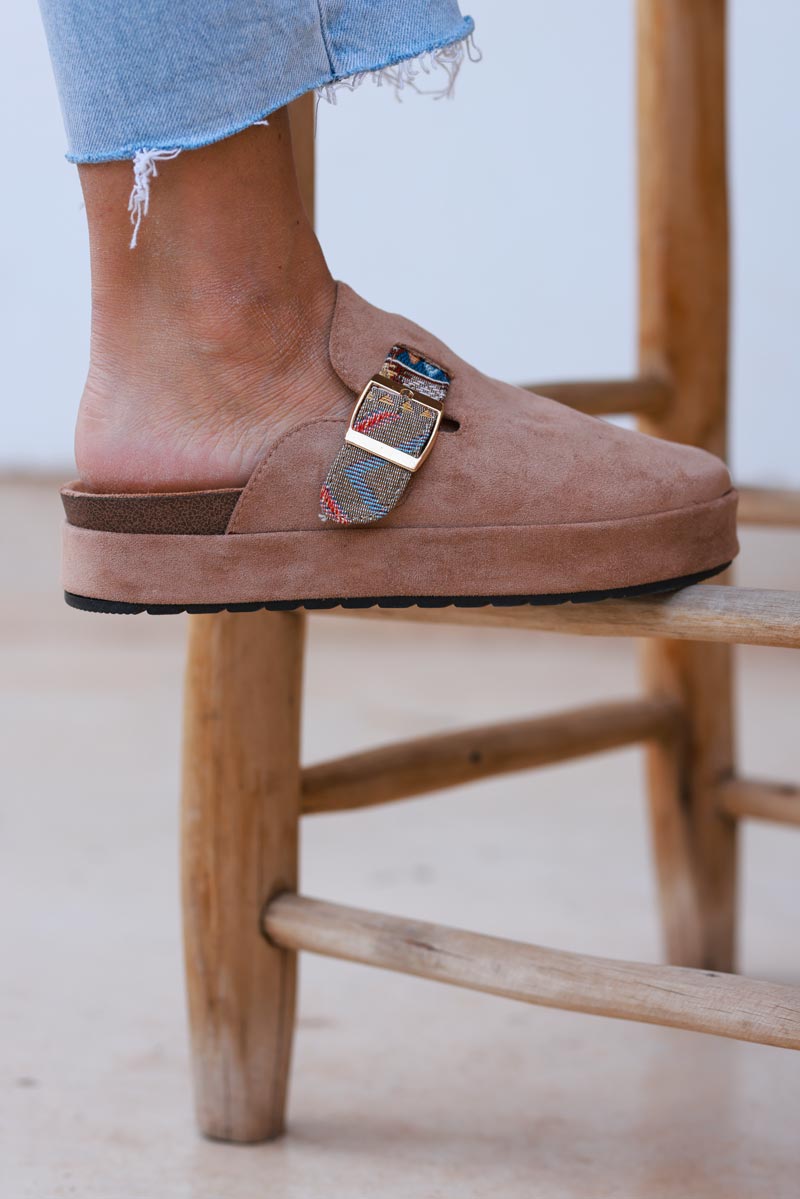 Brown Sueded Mules with Tribal Woven Strap