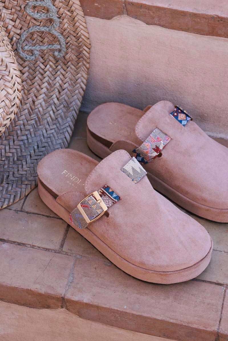 Brown Sueded Mules with Tribal Woven Strap
