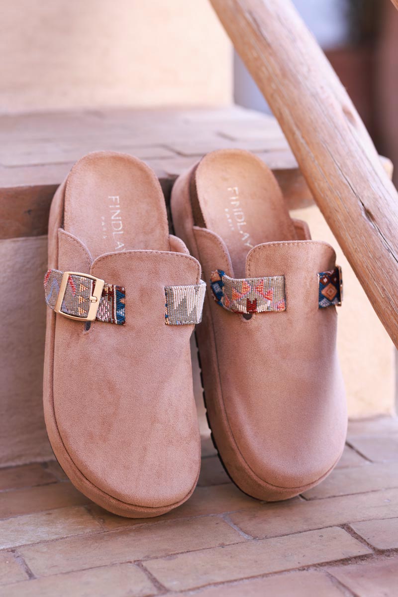 Brown Sueded Mules with Tribal Woven Strap