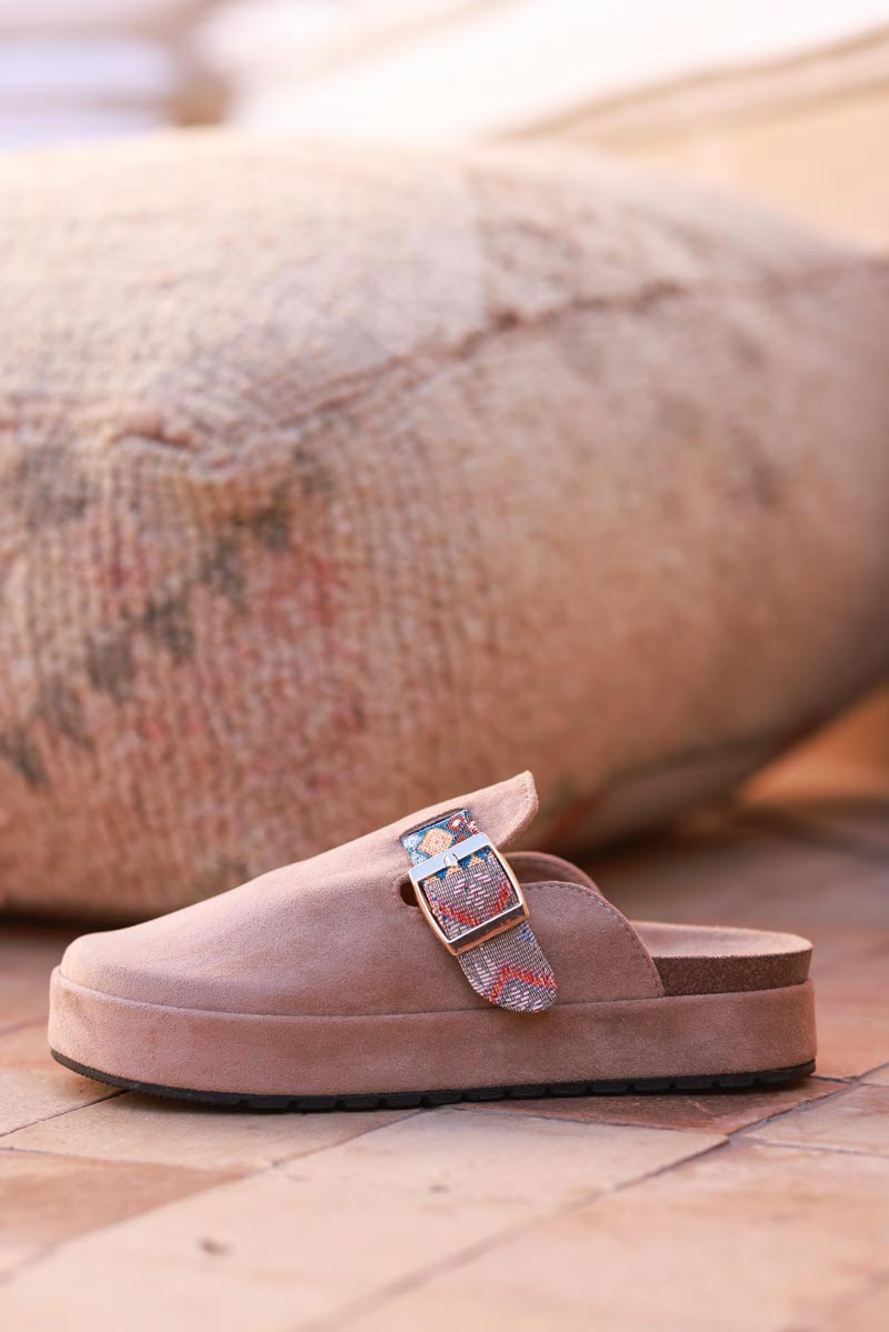 Brown Sueded Mules with Tribal Woven Strap