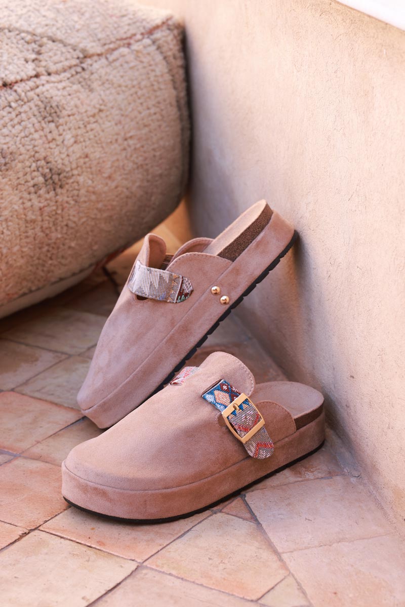 Brown Sueded Mules with Tribal Woven Strap