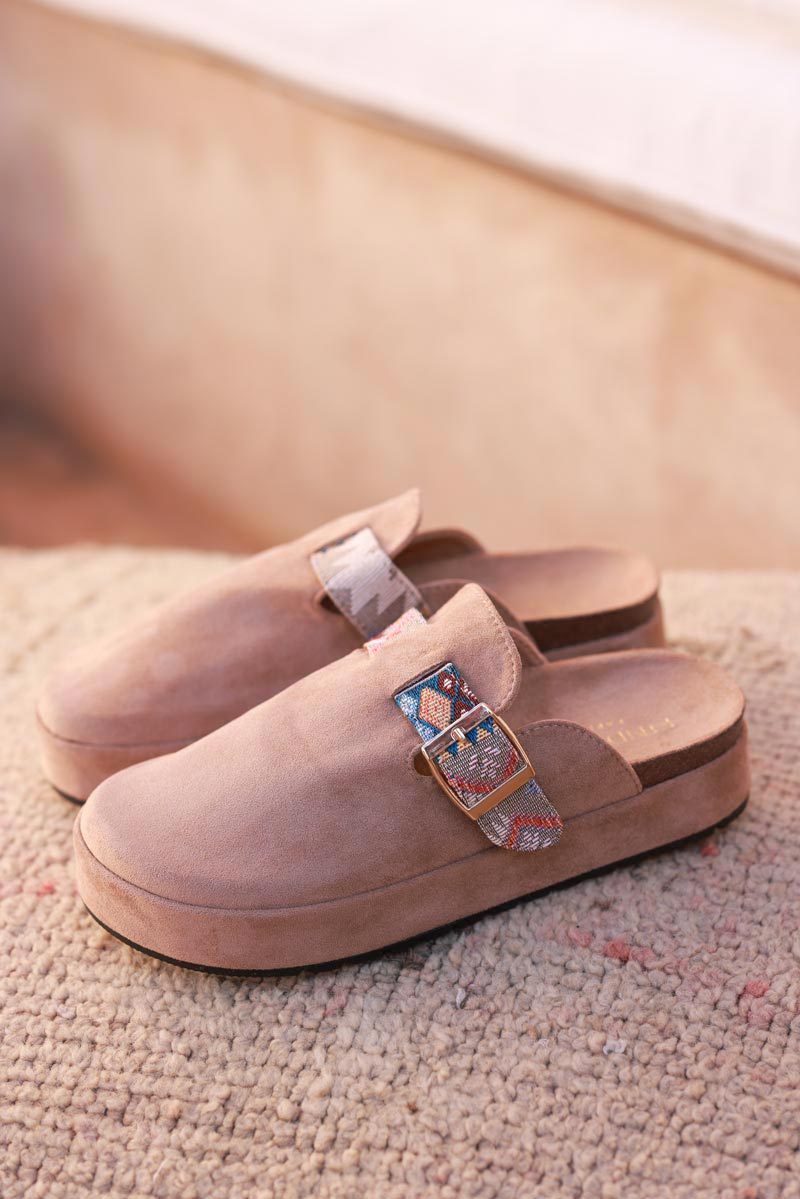 Brown Sueded Mules with Tribal Woven Strap