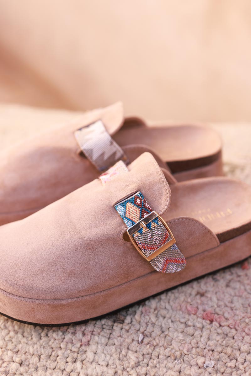 Brown Sueded Mules with Tribal Woven Strap