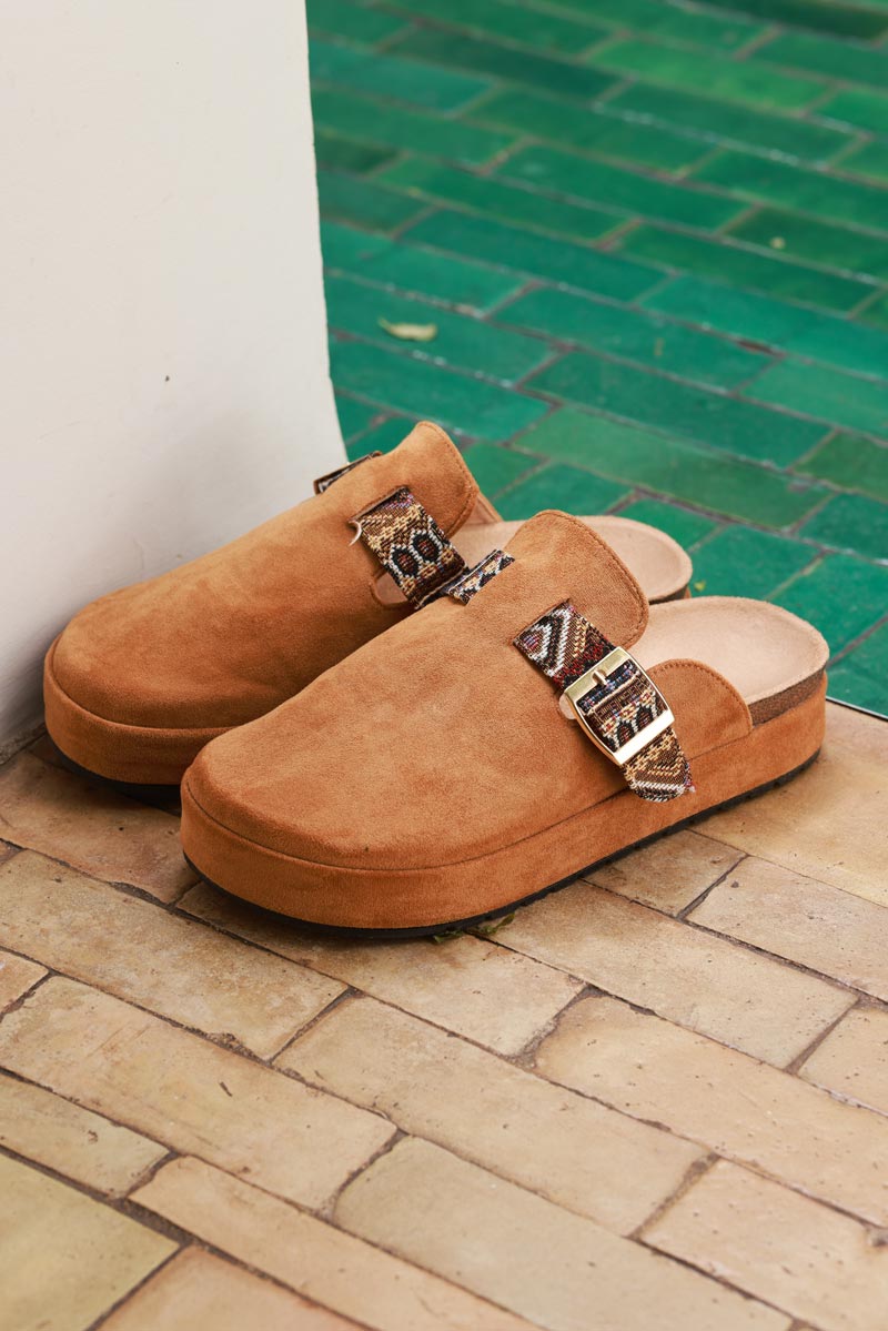 Camel Sueded Mules with Tribal Woven Strap
