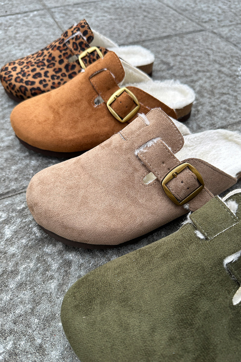 Taupe Suedette and Faux Fur Clogs