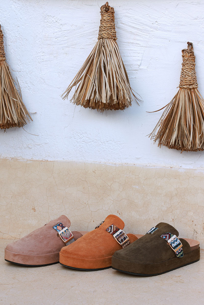 Brown Sueded Mules with Tribal Woven Strap