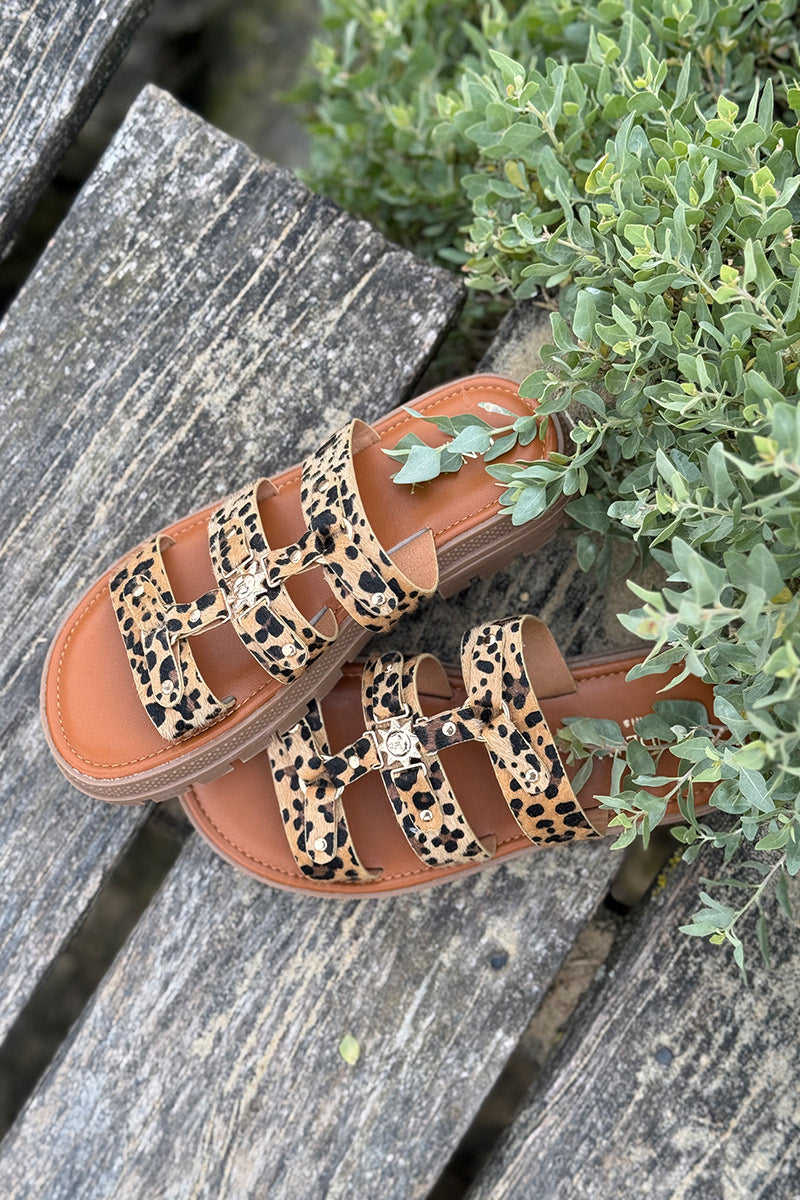 Sandalias planas tipo mules con estampado de leopardo, triple tira dorada y suela con muescas.