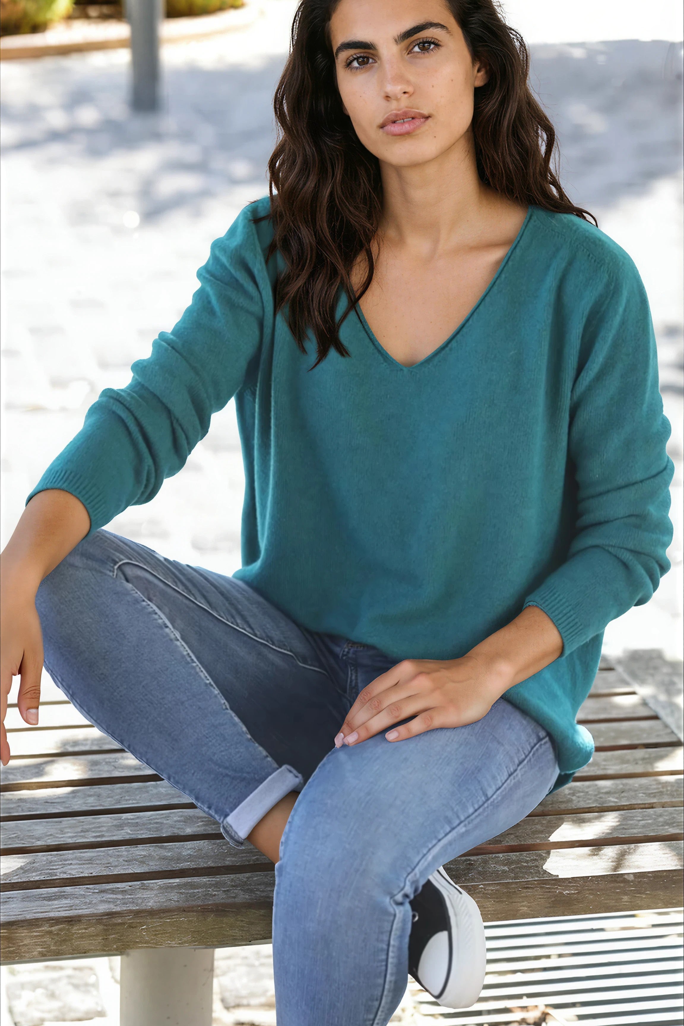 Peacock green soft basic V-neck sweater
