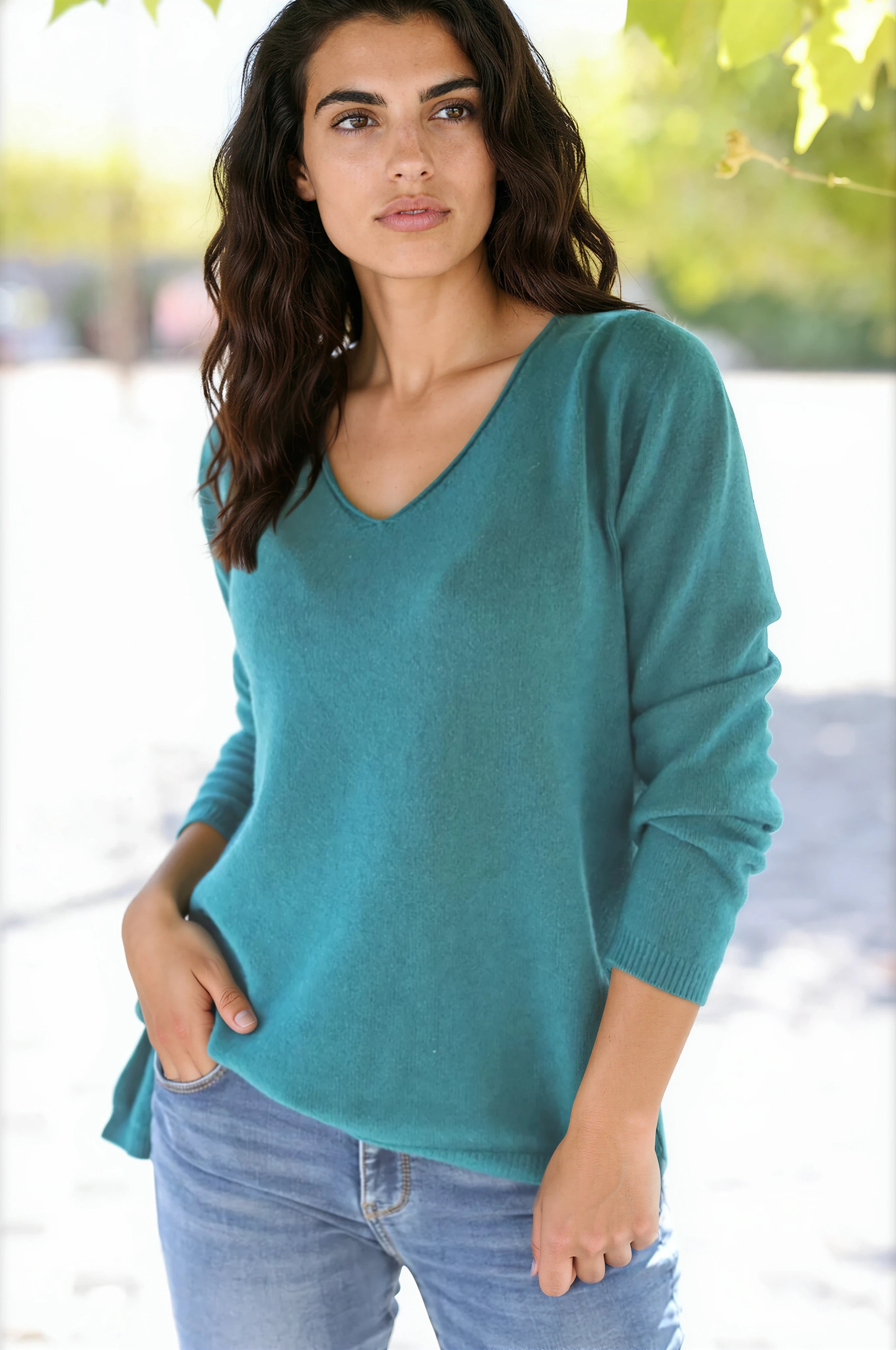 Peacock green soft basic V-neck sweater