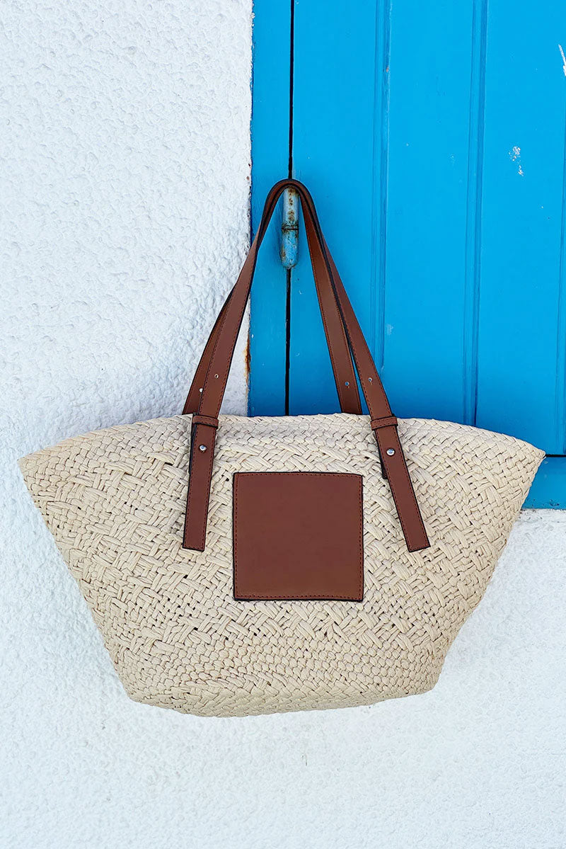 Beige Jute and Leatherette Tote Bag