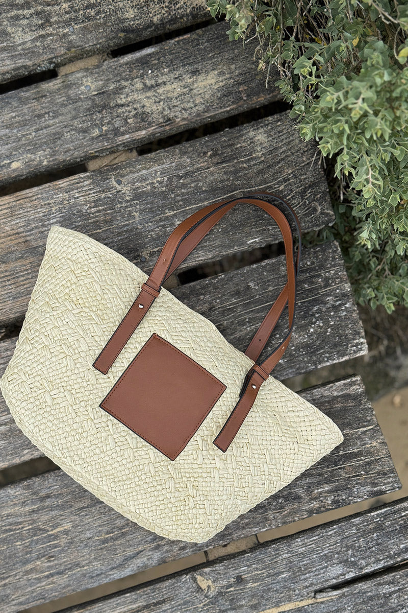 Panier tressé style raphia avec empiècement et anses simili cuir