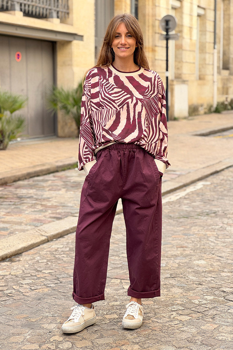 Pantalon aubergine en toile coupe boyfriend à ceinture élastique