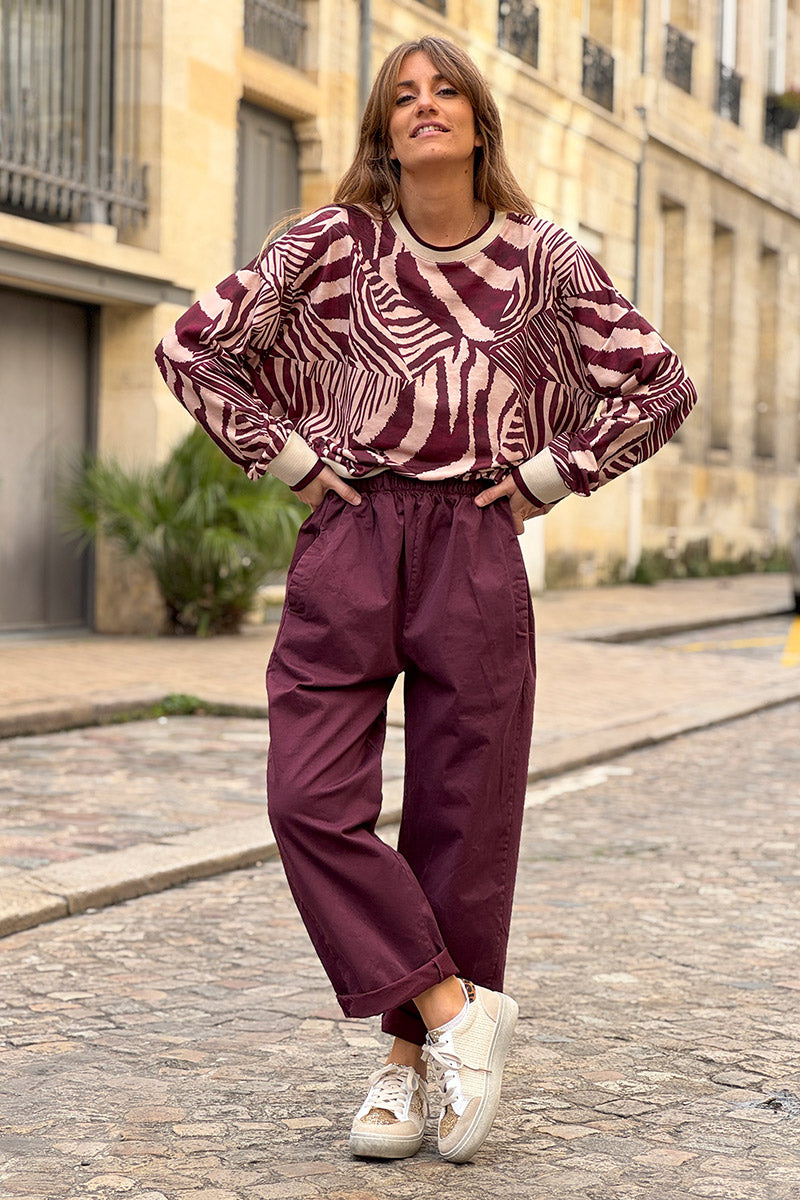 Pantalon aubergine en toile coupe boyfriend à ceinture élastique
